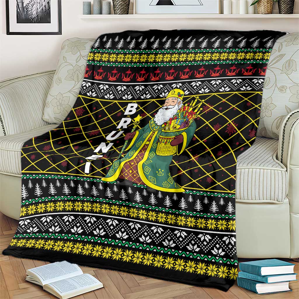 Brunei Christmas Blanket with Traditional Santa Gift Basket and Black Yellow Red Holiday Pattern - Wonder Print Shop
