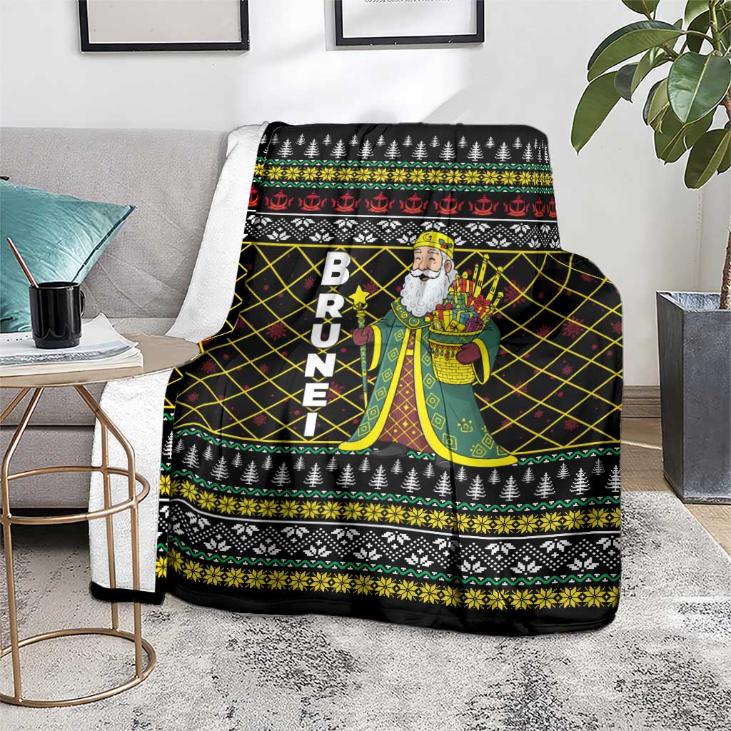 Brunei Christmas Blanket with Traditional Santa Gift Basket and Black Yellow Red Holiday Pattern - Wonder Print Shop