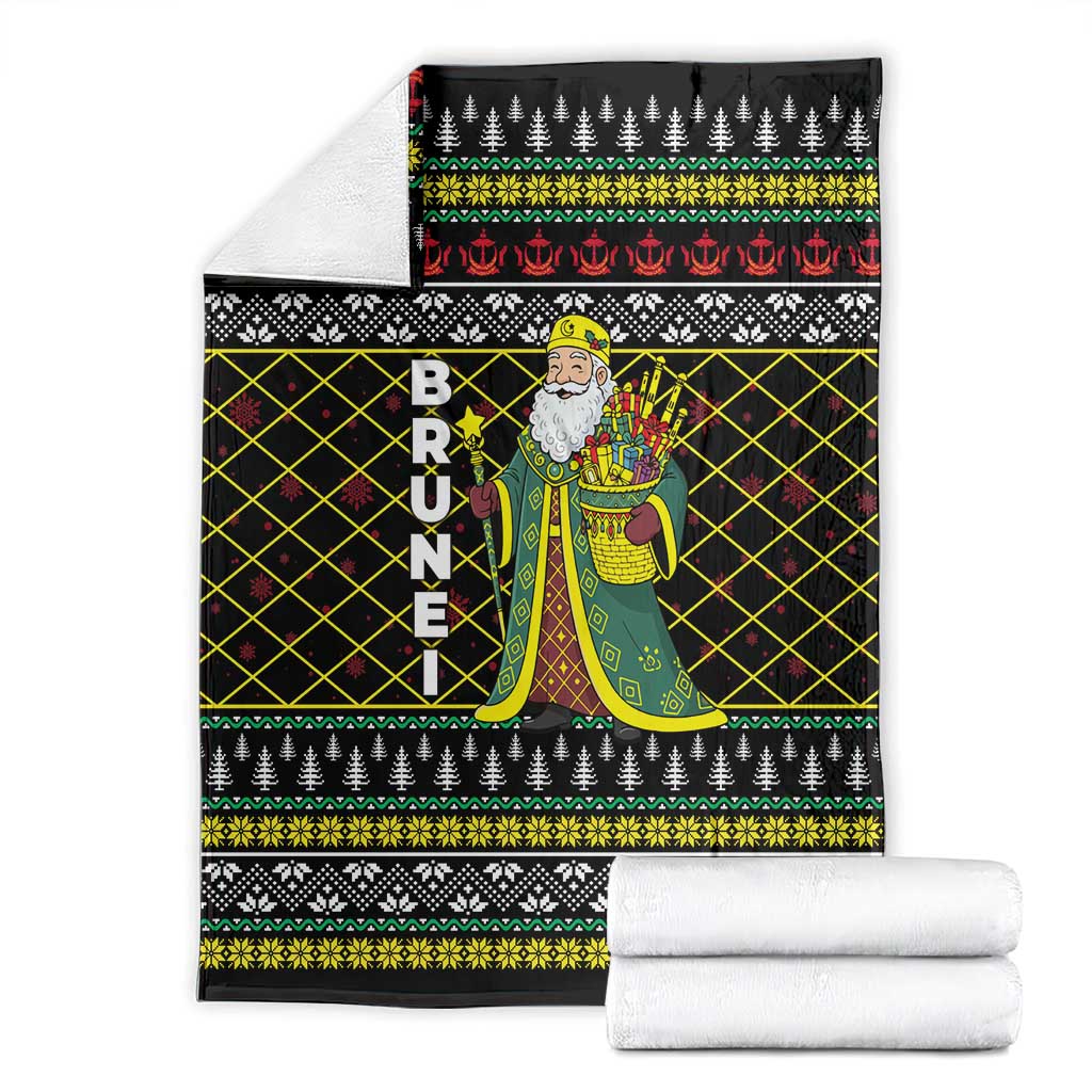 Brunei Christmas Blanket with Traditional Santa Gift Basket and Black Yellow Red Holiday Pattern - Wonder Print Shop