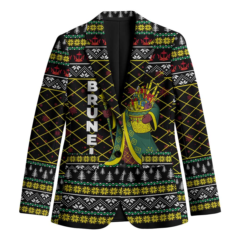 Brunei Christmas Blazer with Traditional Santa Gift Basket and Black Yellow Red Holiday Pattern - Wonder Print Shop