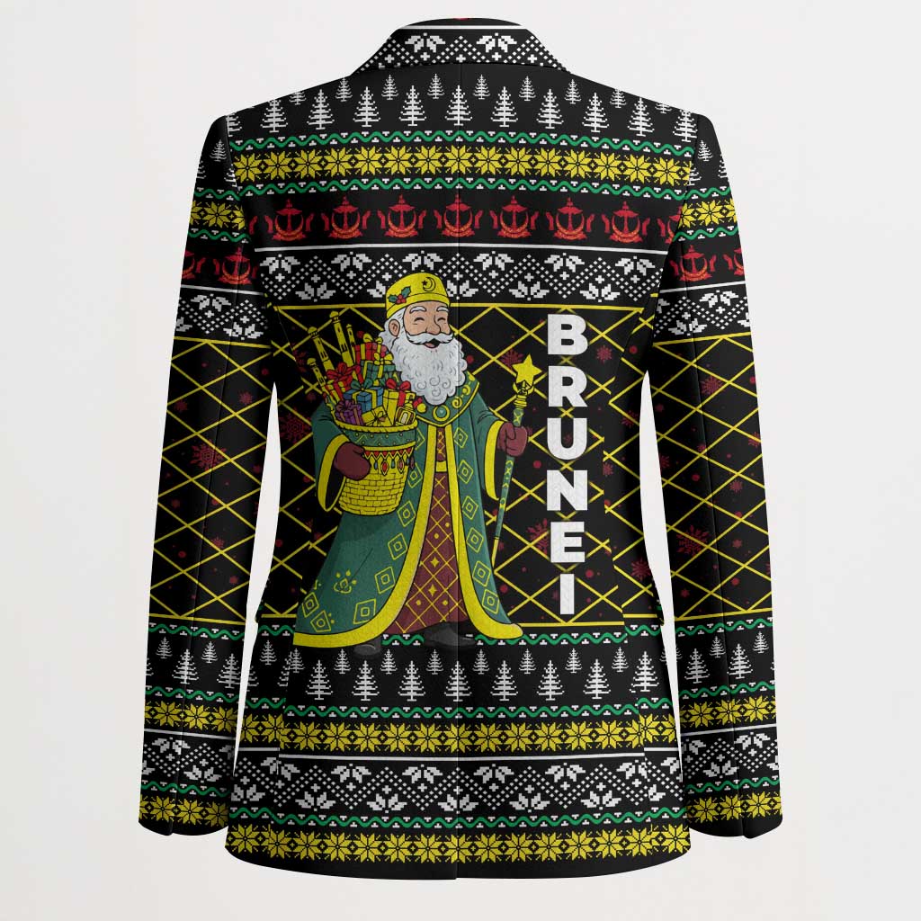 Brunei Christmas Blazer with Traditional Santa Gift Basket and Black Yellow Red Holiday Pattern - Wonder Print Shop