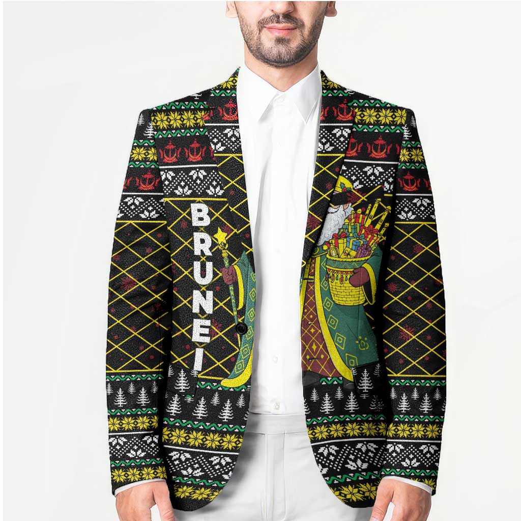 Brunei Christmas Blazer with Traditional Santa Gift Basket and Black Yellow Red Holiday Pattern - Wonder Print Shop