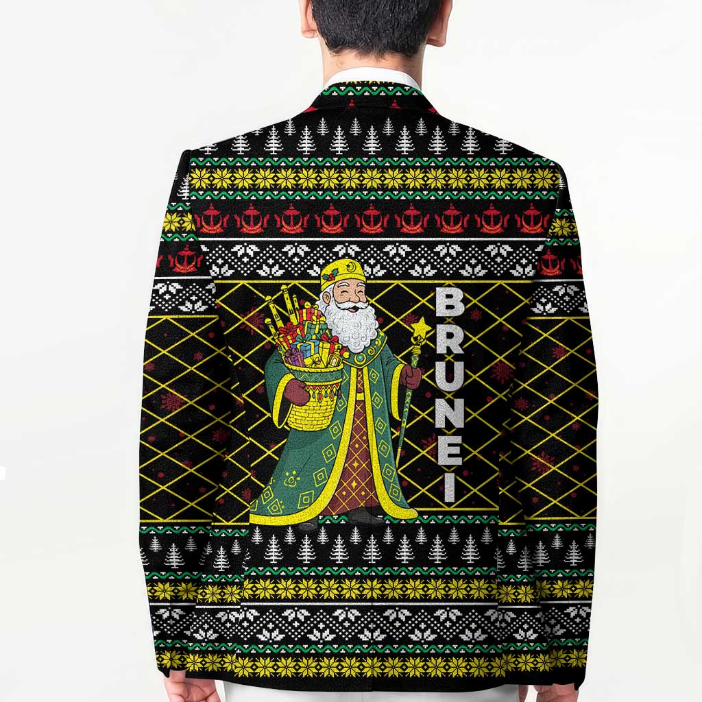 Brunei Christmas Blazer with Traditional Santa Gift Basket and Black Yellow Red Holiday Pattern - Wonder Print Shop