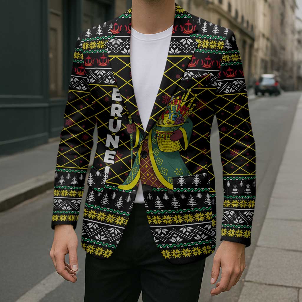 Brunei Christmas Blazer with Traditional Santa Gift Basket and Black Yellow Red Holiday Pattern - Wonder Print Shop
