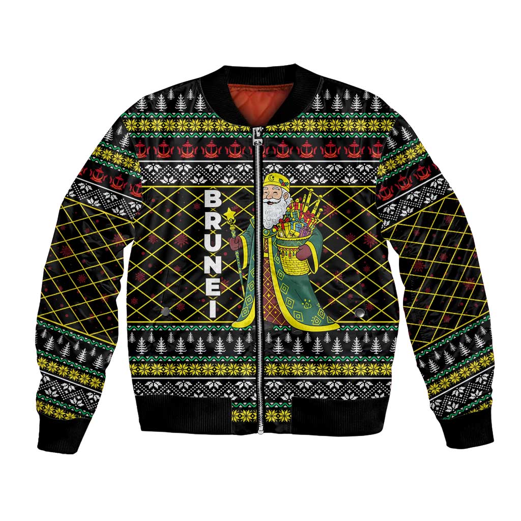 Brunei Christmas Bomber Jacket with Traditional Santa Gift Basket and Black Yellow Red Holiday Pattern - Wonder Print Shop
