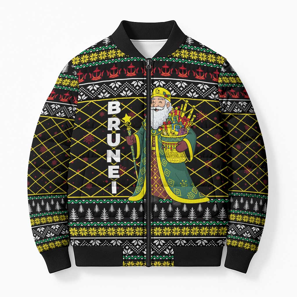 Brunei Christmas Bomber Puffer Jacket with Traditional Santa Gift Basket and Black Yellow Red Holiday Pattern - Wonder Print Shop