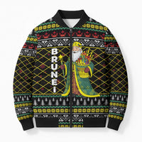 Brunei Christmas Bomber Puffer Jacket with Traditional Santa Gift Basket and Black Yellow Red Holiday Pattern - Wonder Print Shop