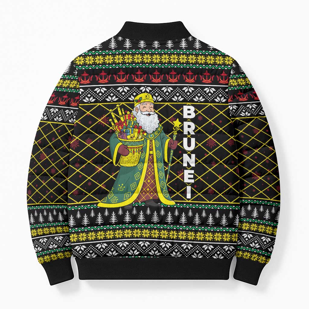 Brunei Christmas Bomber Puffer Jacket with Traditional Santa Gift Basket and Black Yellow Red Holiday Pattern - Wonder Print Shop