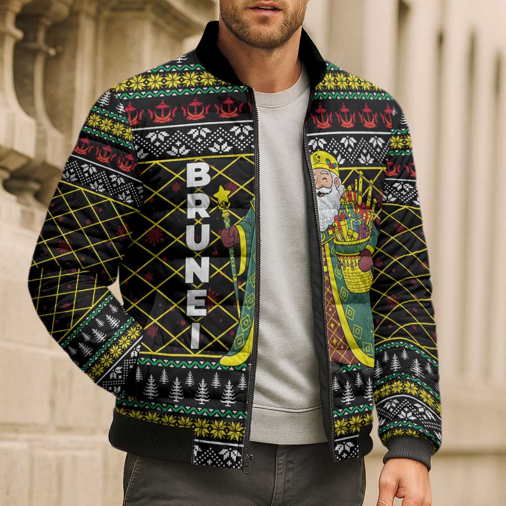 Brunei Christmas Bomber Puffer Jacket with Traditional Santa Gift Basket and Black Yellow Red Holiday Pattern - Wonder Print Shop