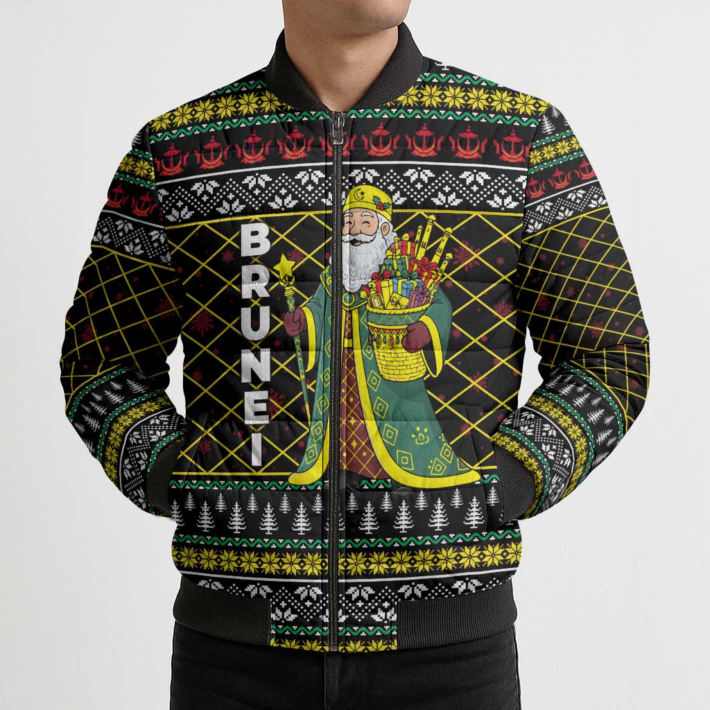 Brunei Christmas Bomber Puffer Jacket with Traditional Santa Gift Basket and Black Yellow Red Holiday Pattern - Wonder Print Shop