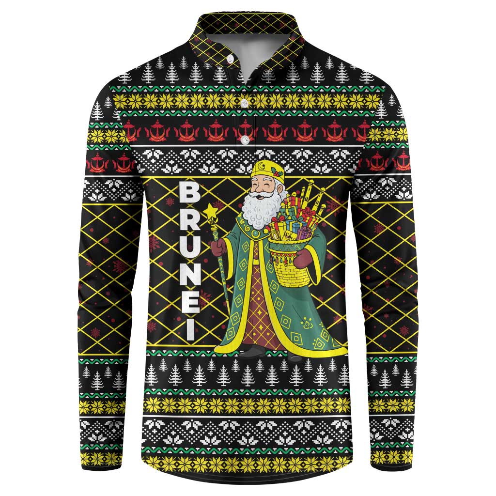 Brunei Christmas Button Sweatshirt with Traditional Santa Gift Basket and Black Yellow Red Holiday Pattern - Wonder Print Shop