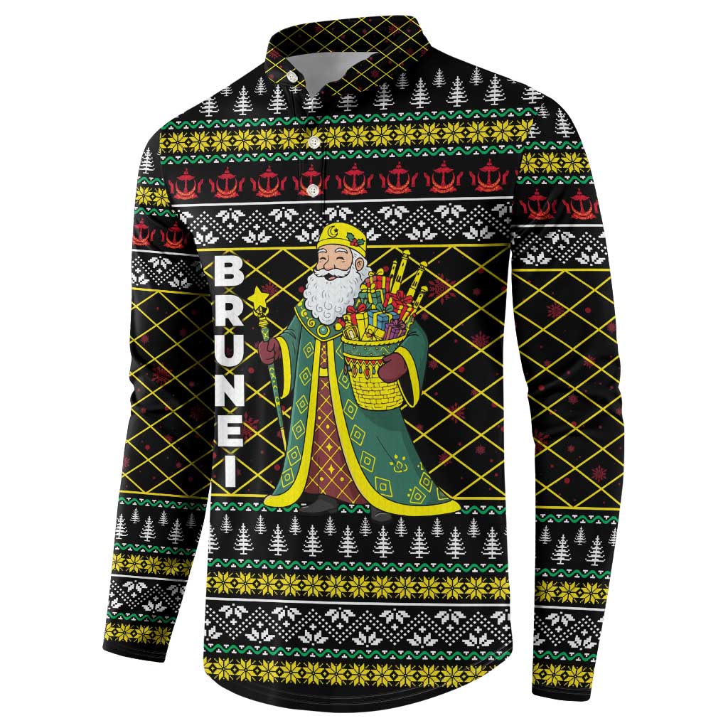 Brunei Christmas Button Sweatshirt with Traditional Santa Gift Basket and Black Yellow Red Holiday Pattern - Wonder Print Shop