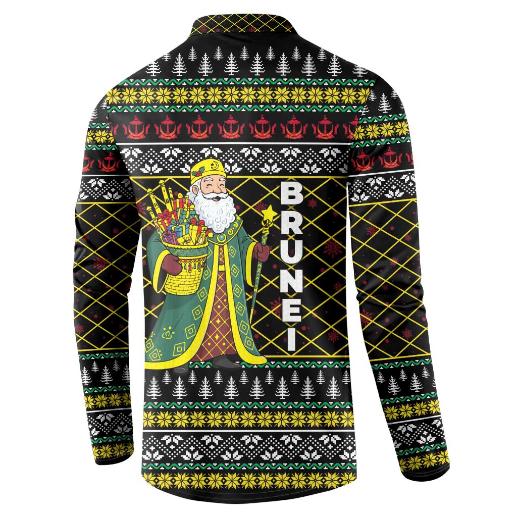 Brunei Christmas Button Sweatshirt with Traditional Santa Gift Basket and Black Yellow Red Holiday Pattern - Wonder Print Shop