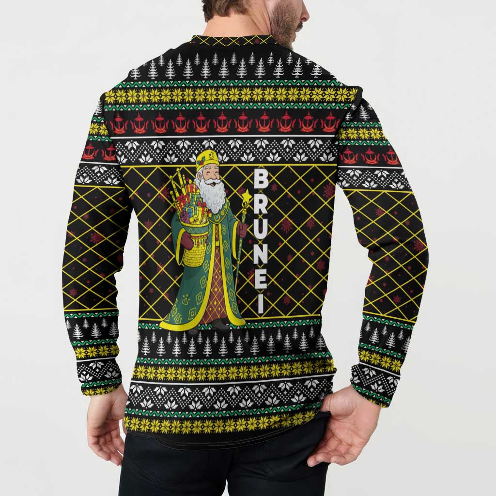 Brunei Christmas Button Sweatshirt with Traditional Santa Gift Basket and Black Yellow Red Holiday Pattern - Wonder Print Shop