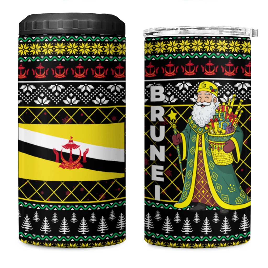 Brunei Christmas 4 in 1 Can Cooler Tumbler with Traditional Santa Gift Basket and Black Yellow Red Holiday Pattern - Wonder Print Shop
