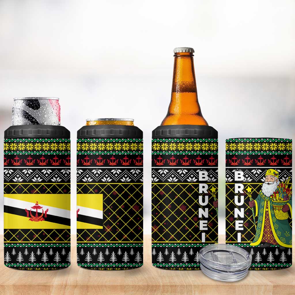 Brunei Christmas 4 in 1 Can Cooler Tumbler with Traditional Santa Gift Basket and Black Yellow Red Holiday Pattern - Wonder Print Shop