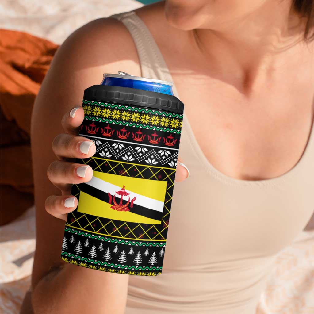 Brunei Christmas 4 in 1 Can Cooler Tumbler with Traditional Santa Gift Basket and Black Yellow Red Holiday Pattern - Wonder Print Shop
