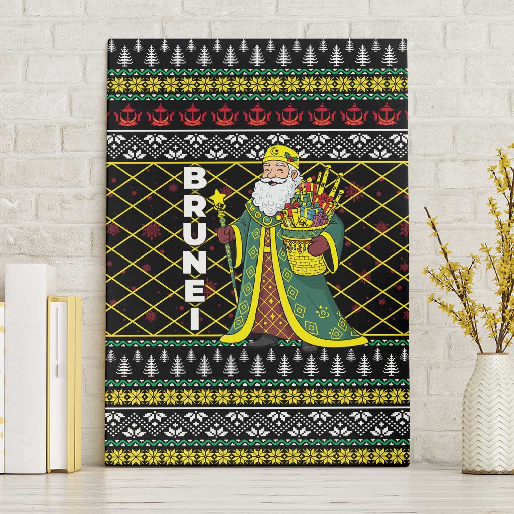 Brunei Christmas Canvas Wall Art with Traditional Santa Gift Basket and Black Yellow Red Holiday Pattern - Wonder Print Shop