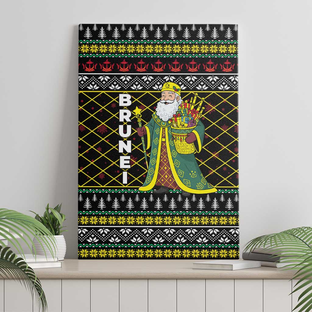Brunei Christmas Canvas Wall Art with Traditional Santa Gift Basket and Black Yellow Red Holiday Pattern - Wonder Print Shop