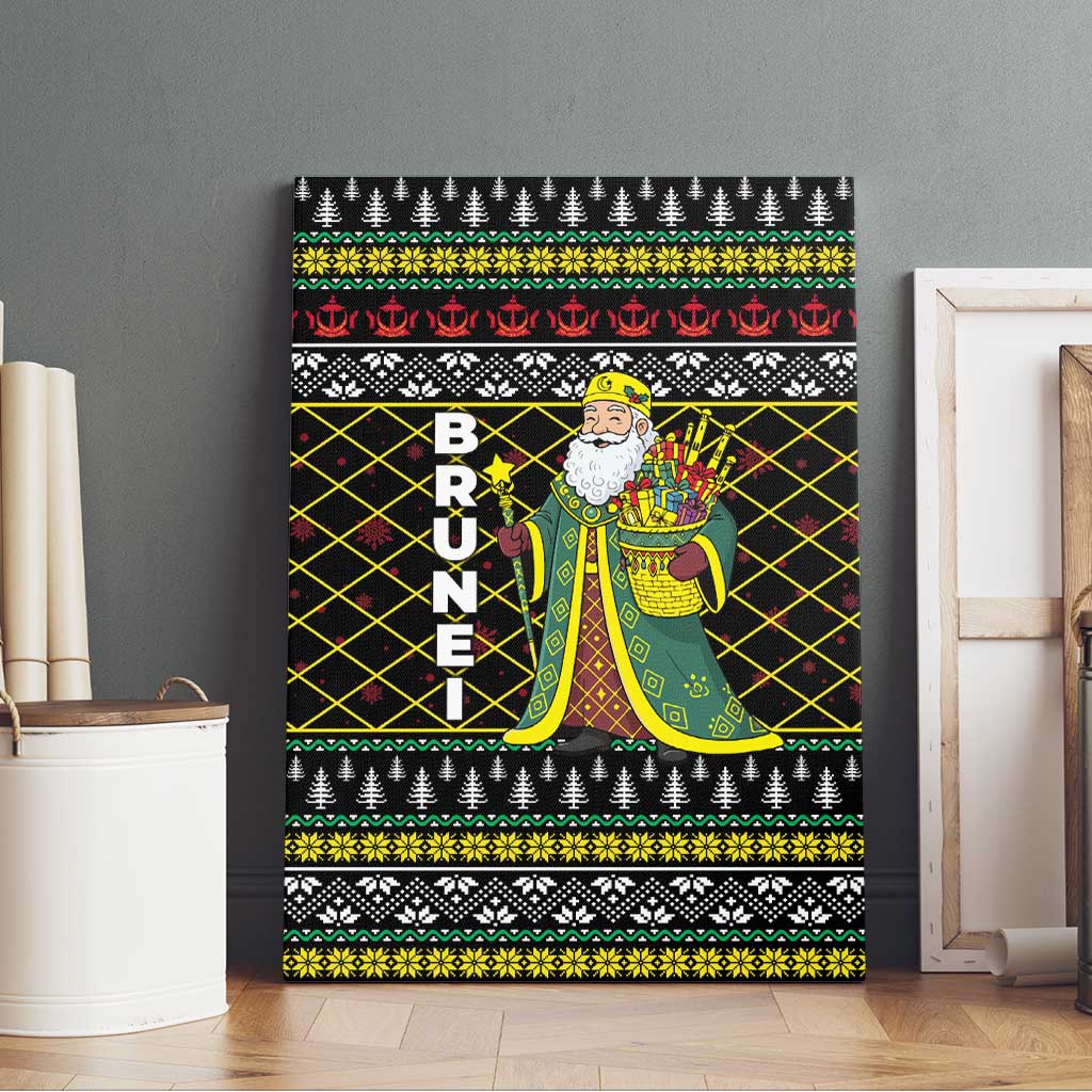 Brunei Christmas Canvas Wall Art with Traditional Santa Gift Basket and Black Yellow Red Holiday Pattern - Wonder Print Shop