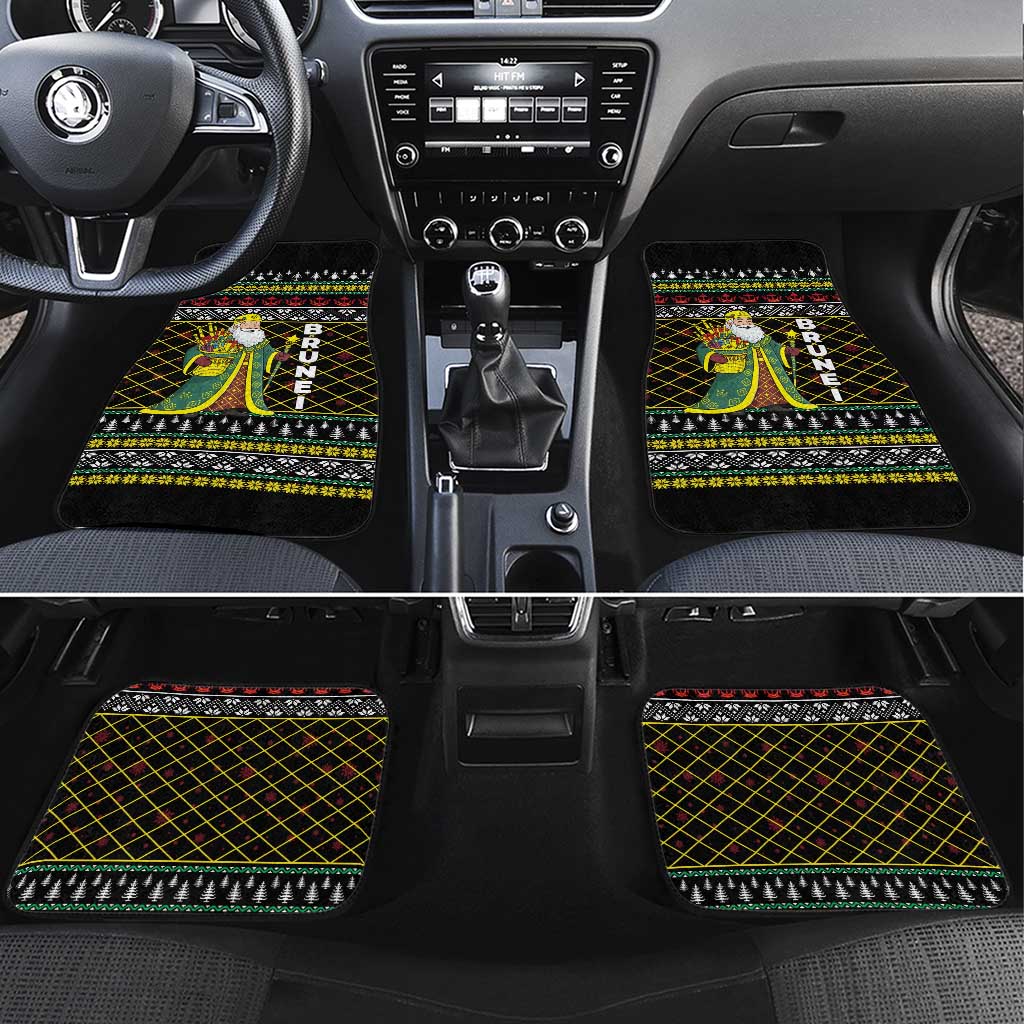 Brunei Christmas Car Mats with Traditional Santa Gift Basket and Black Yellow Red Holiday Pattern - Wonder Print Shop