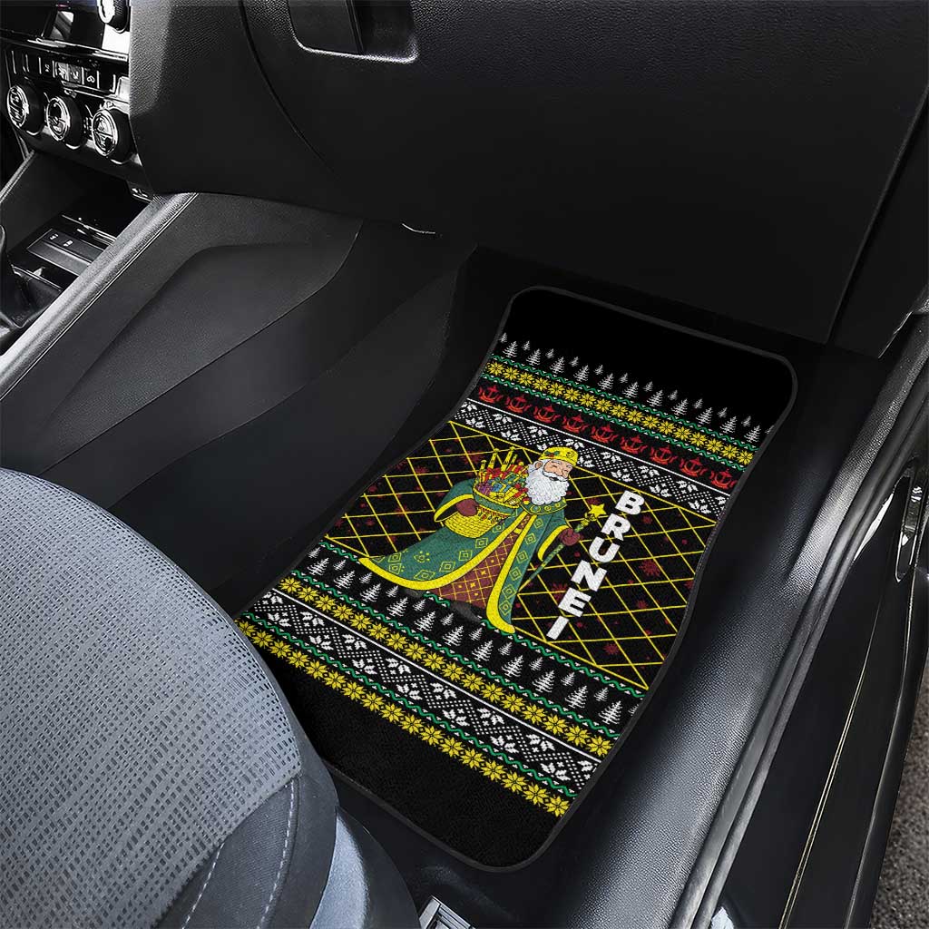 Brunei Christmas Car Mats with Traditional Santa Gift Basket and Black Yellow Red Holiday Pattern - Wonder Print Shop