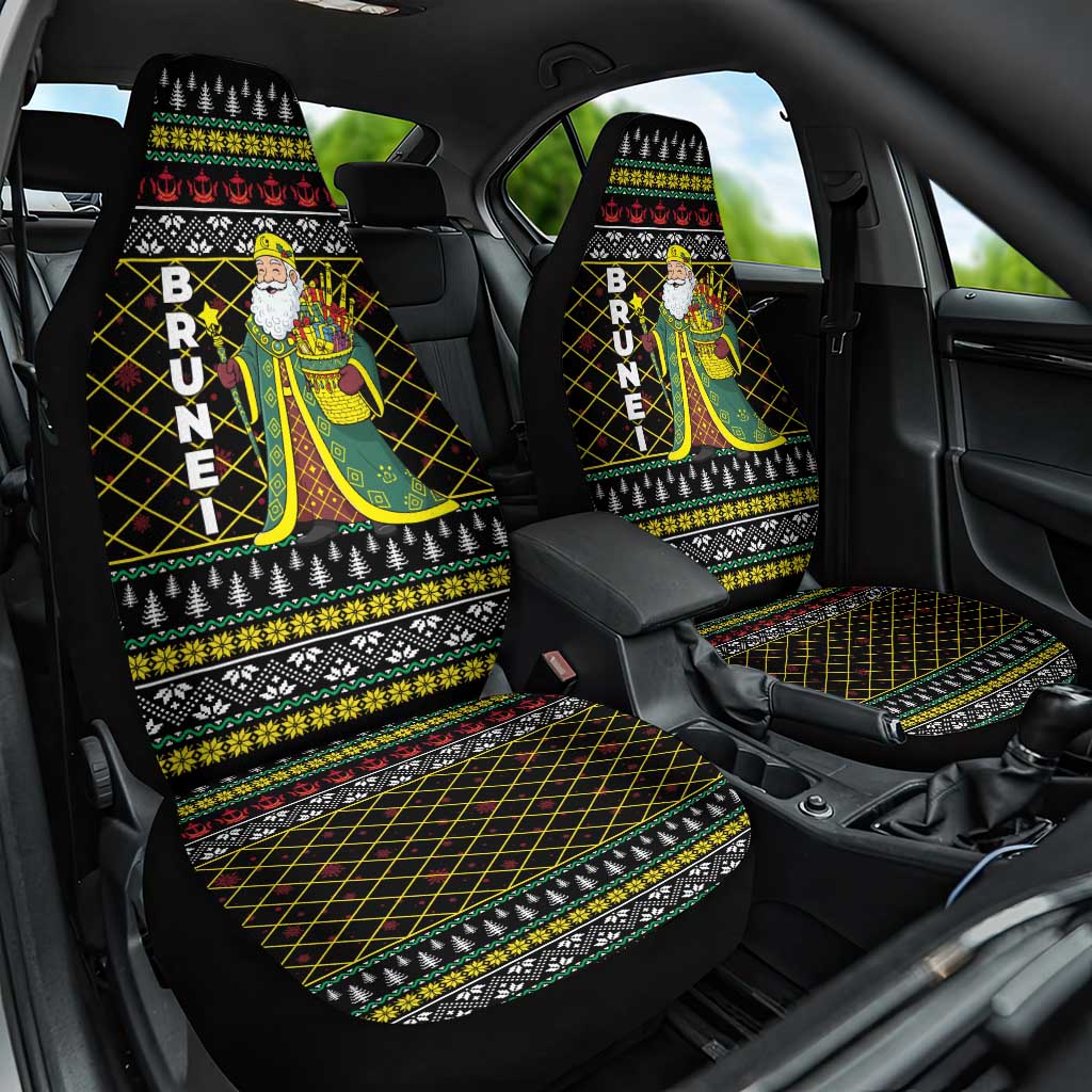 Brunei Christmas Car Seat Cover with Traditional Santa Gift Basket and Black Yellow Red Holiday Pattern - Wonder Print Shop