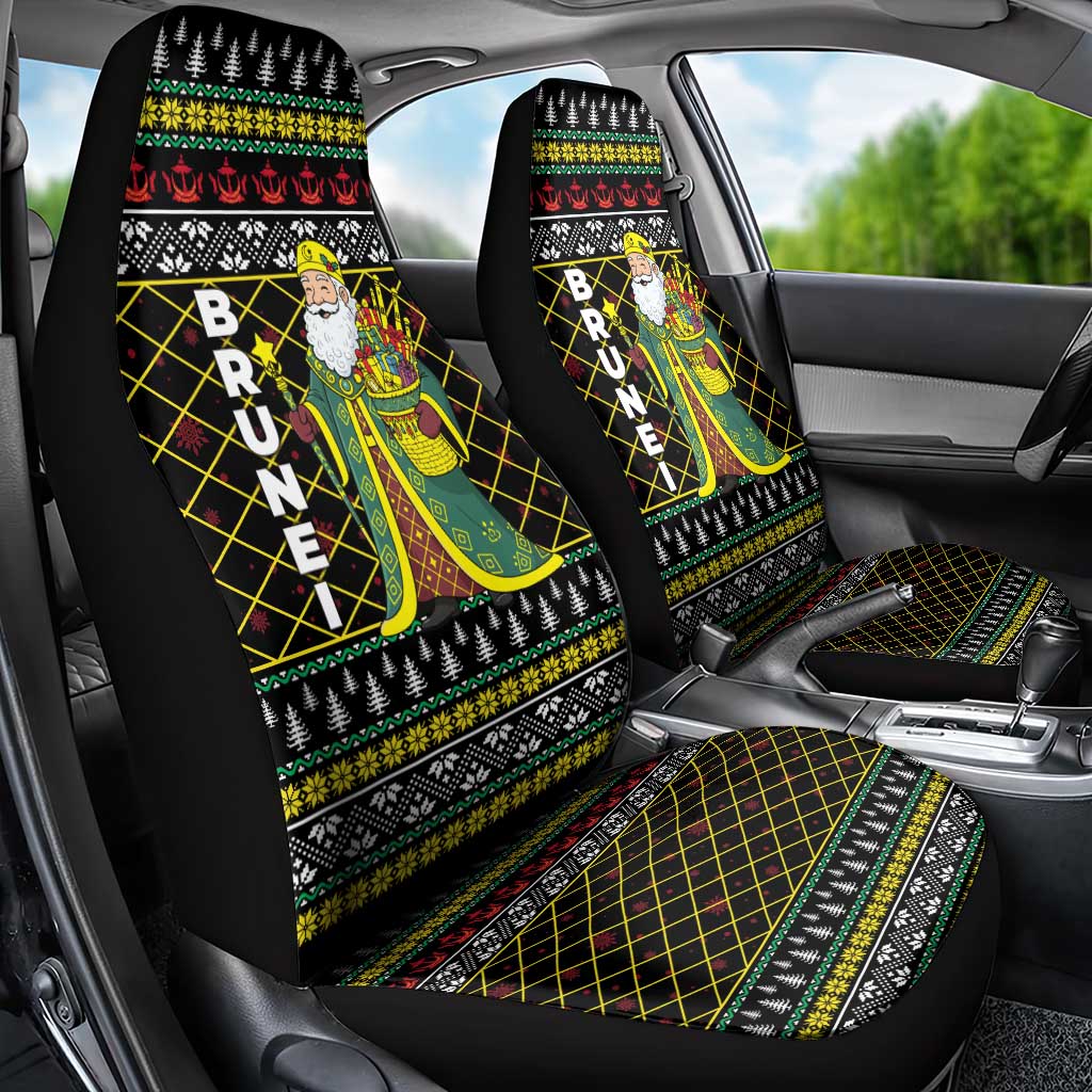 Brunei Christmas Car Seat Cover with Traditional Santa Gift Basket and Black Yellow Red Holiday Pattern - Wonder Print Shop