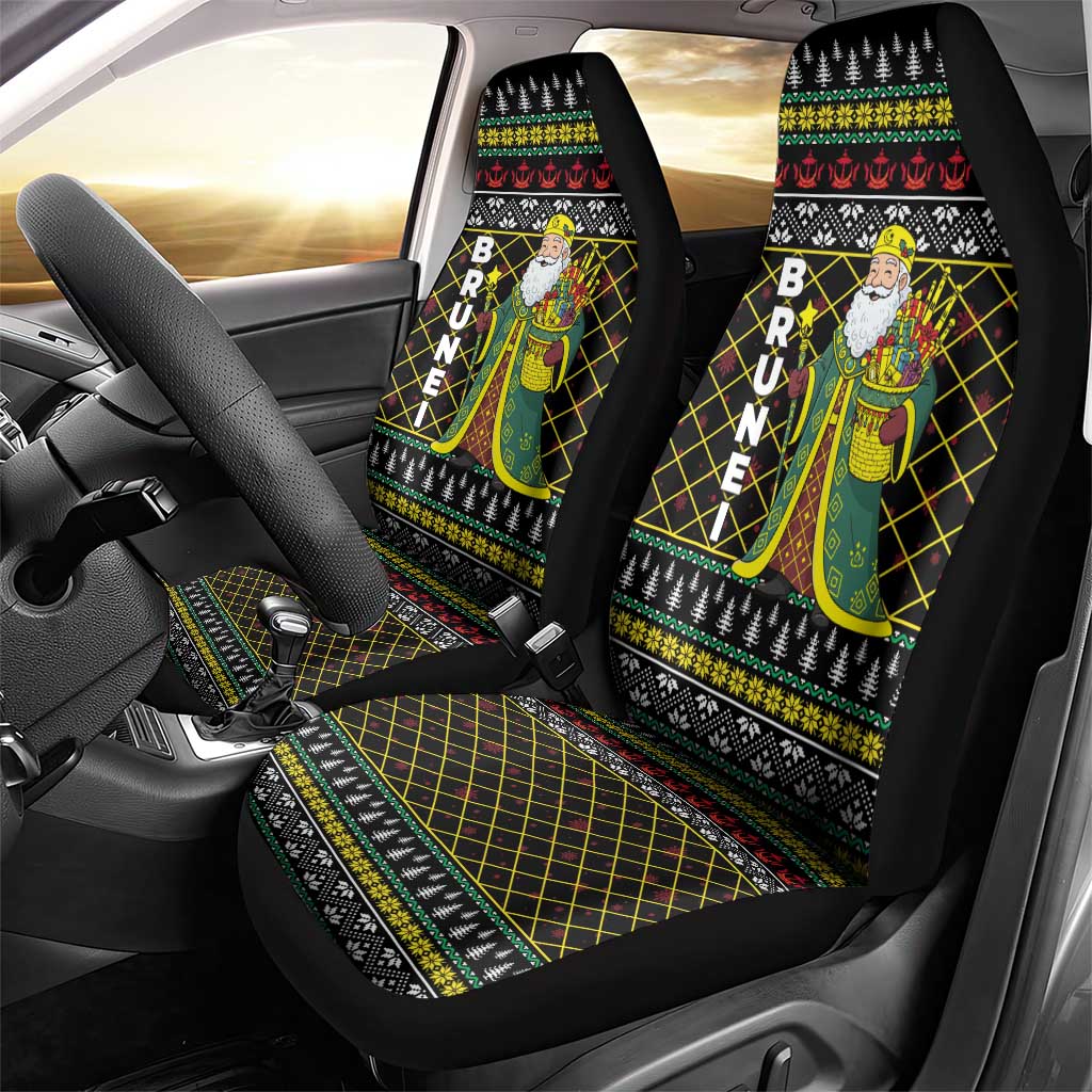 Brunei Christmas Car Seat Cover with Traditional Santa Gift Basket and Black Yellow Red Holiday Pattern - Wonder Print Shop