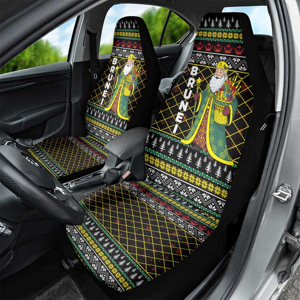 Brunei Christmas Car Seat Cover with Traditional Santa Gift Basket and Black Yellow Red Holiday Pattern - Wonder Print Shop