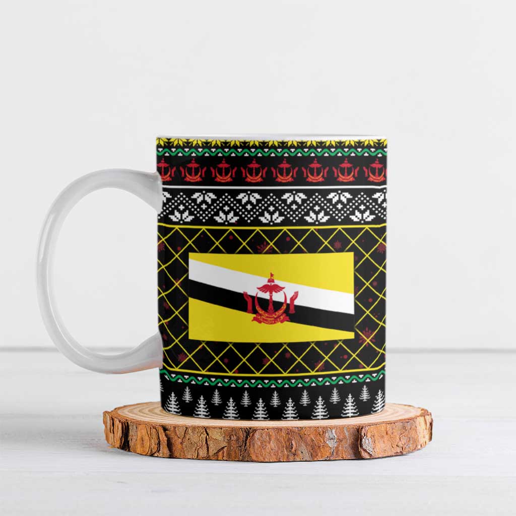 Brunei Christmas Ceramic Mug with Traditional Santa Gift Basket and Black Yellow Red Holiday Pattern - Wonder Print Shop