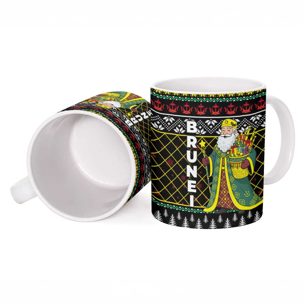 Brunei Christmas Ceramic Mug with Traditional Santa Gift Basket and Black Yellow Red Holiday Pattern - Wonder Print Shop