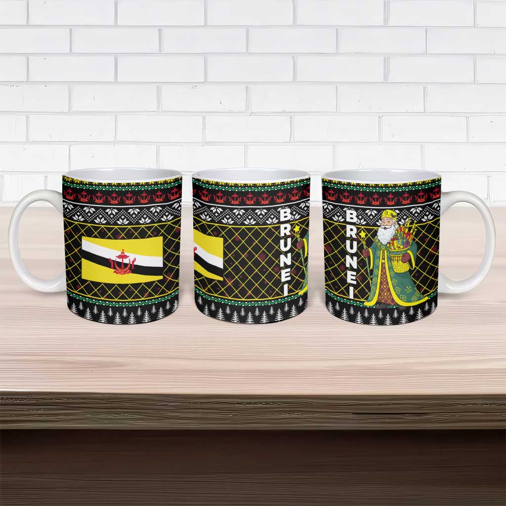 Brunei Christmas Ceramic Mug with Traditional Santa Gift Basket and Black Yellow Red Holiday Pattern - Wonder Print Shop