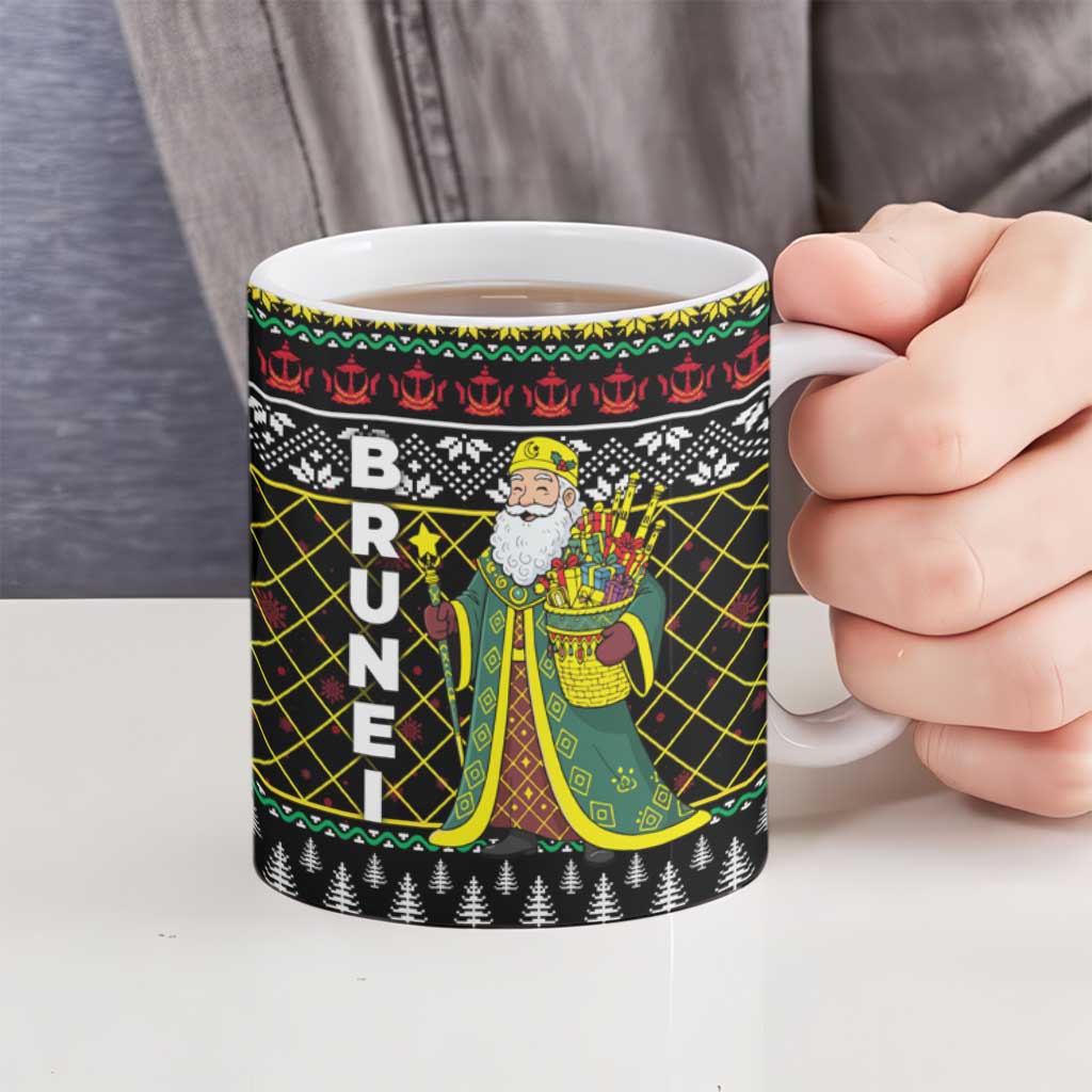 Brunei Christmas Ceramic Mug with Traditional Santa Gift Basket and Black Yellow Red Holiday Pattern - Wonder Print Shop