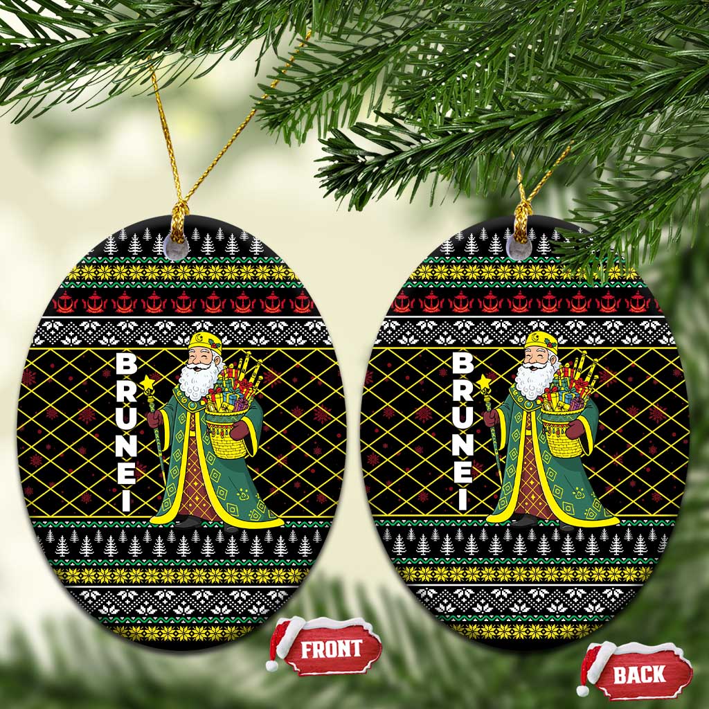 Brunei Christmas Ceramic Ornament with Traditional Santa Gift Basket and Black Yellow Red Holiday Pattern - Wonder Print Shop