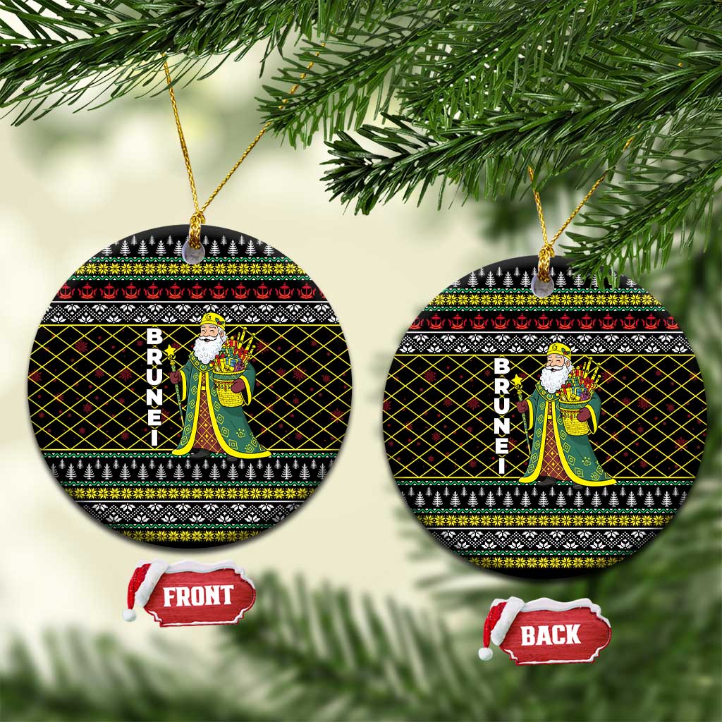 Brunei Christmas Ceramic Ornament with Traditional Santa Gift Basket and Black Yellow Red Holiday Pattern - Wonder Print Shop