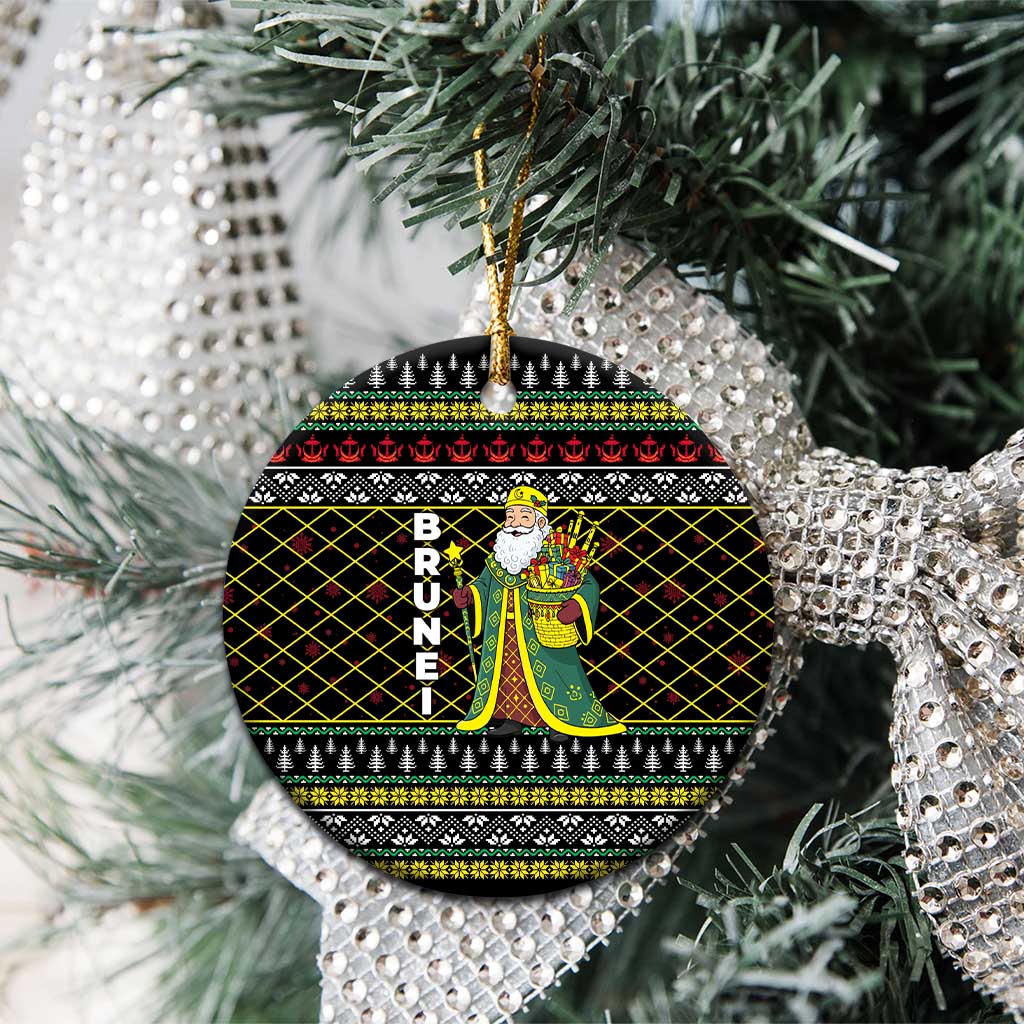 Brunei Christmas Ceramic Ornament with Traditional Santa Gift Basket and Black Yellow Red Holiday Pattern - Wonder Print Shop