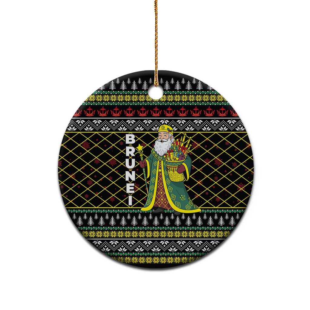 Brunei Christmas Ceramic Ornament with Traditional Santa Gift Basket and Black Yellow Red Holiday Pattern - Wonder Print Shop