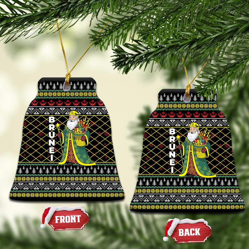 Brunei Christmas Ceramic Ornament with Traditional Santa Gift Basket and Black Yellow Red Holiday Pattern - Wonder Print Shop