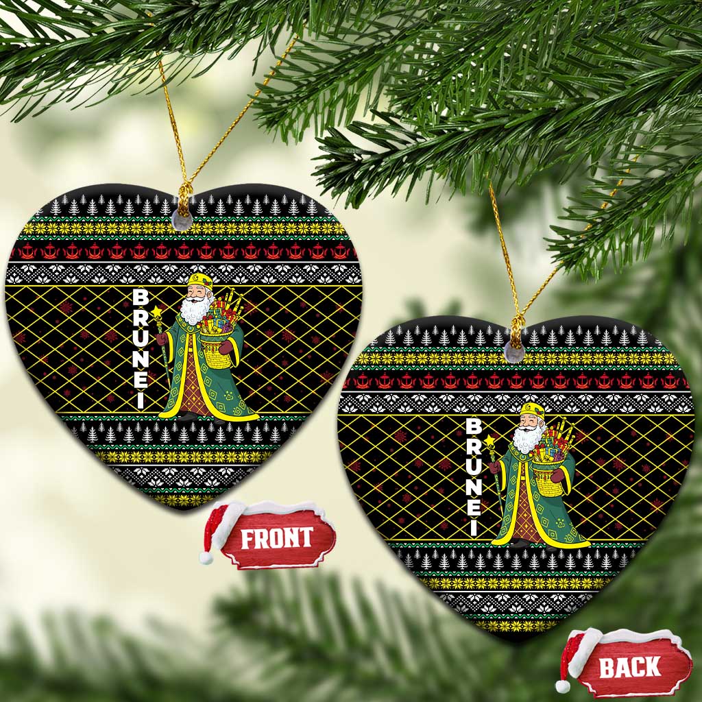 Brunei Christmas Ceramic Ornament with Traditional Santa Gift Basket and Black Yellow Red Holiday Pattern - Wonder Print Shop