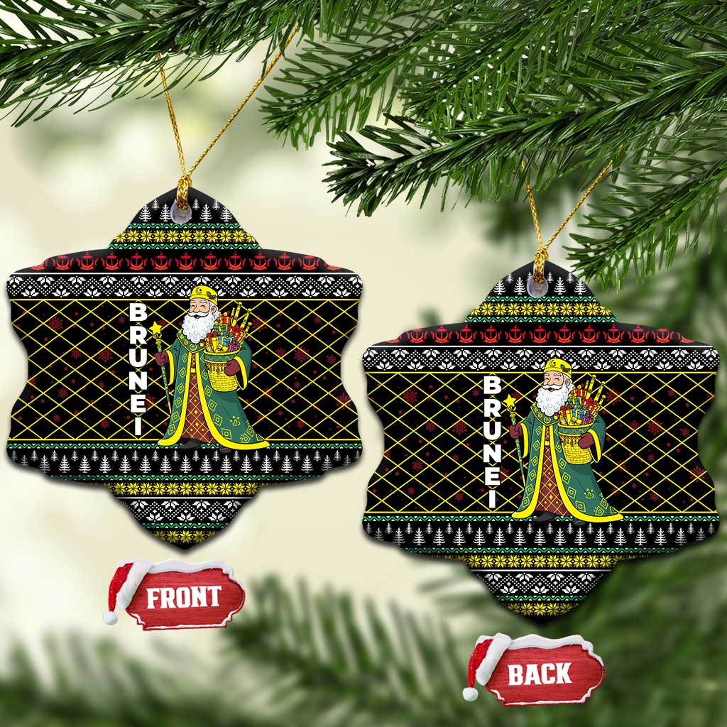 Brunei Christmas Ceramic Ornament with Traditional Santa Gift Basket and Black Yellow Red Holiday Pattern - Wonder Print Shop