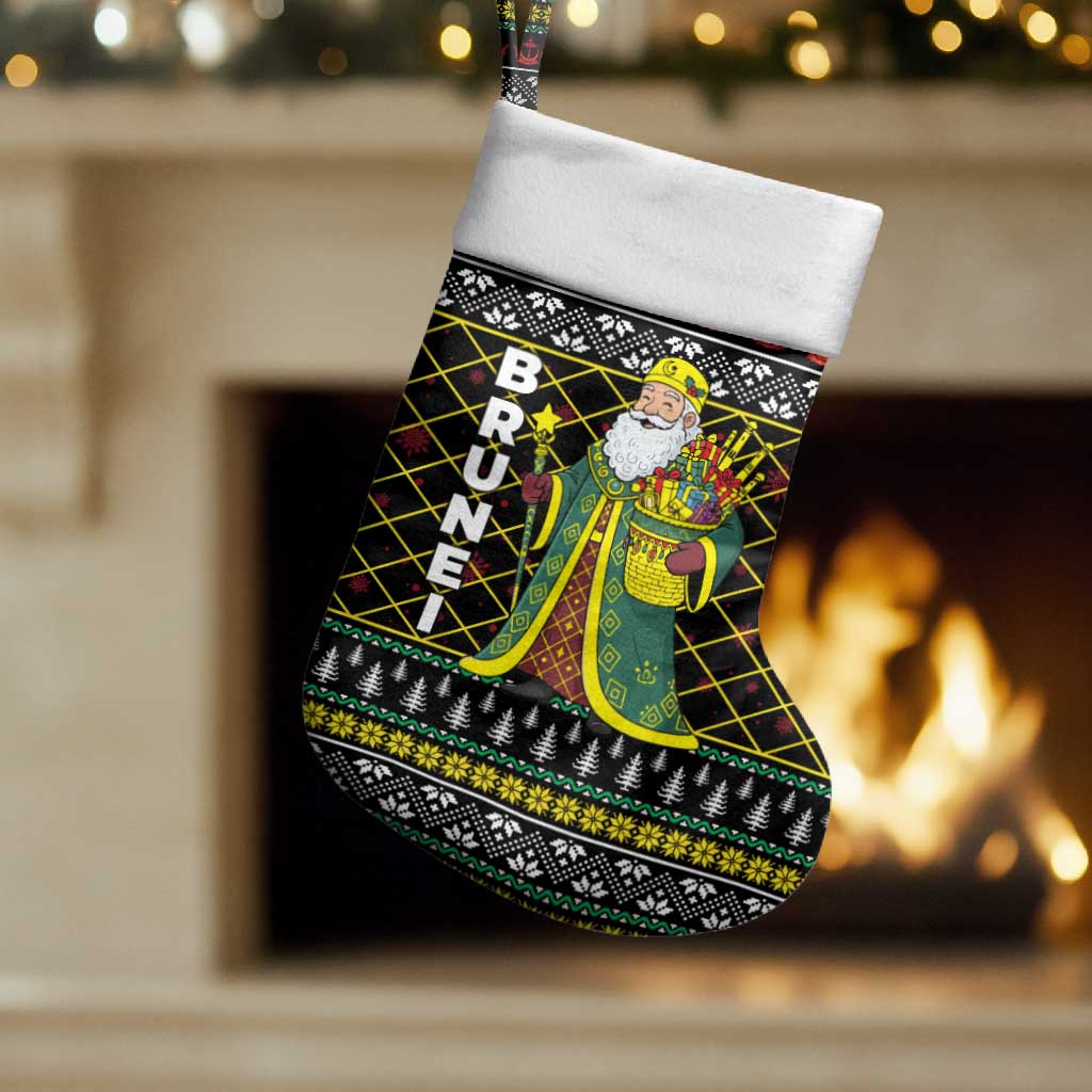 Brunei Christmas Stocking with Traditional Santa Gift Basket and Black Yellow Red Holiday Pattern - Wonder Print Shop