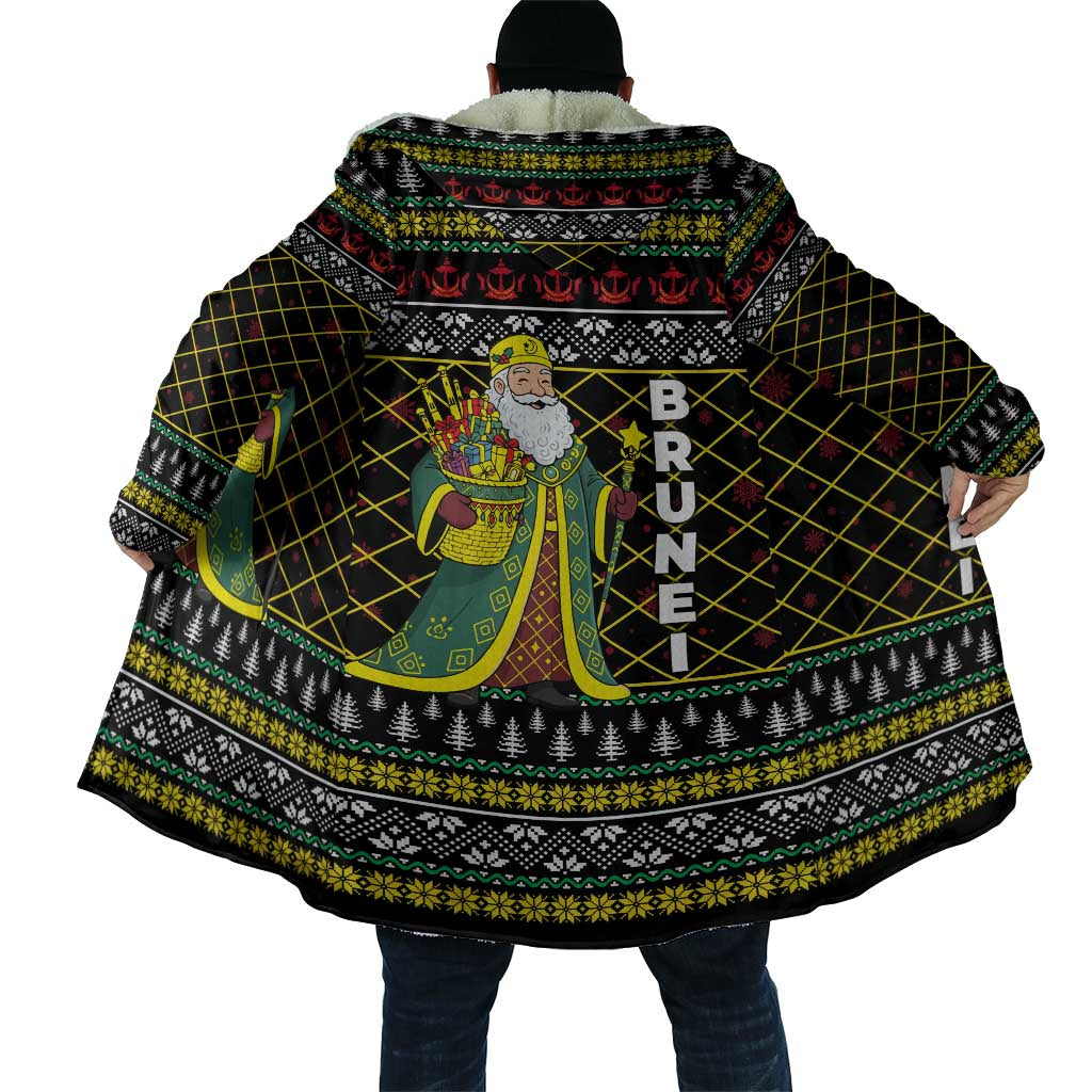 Brunei Christmas Cloak with Traditional Santa Gift Basket and Black Yellow Red Holiday Pattern - Wonder Print Shop