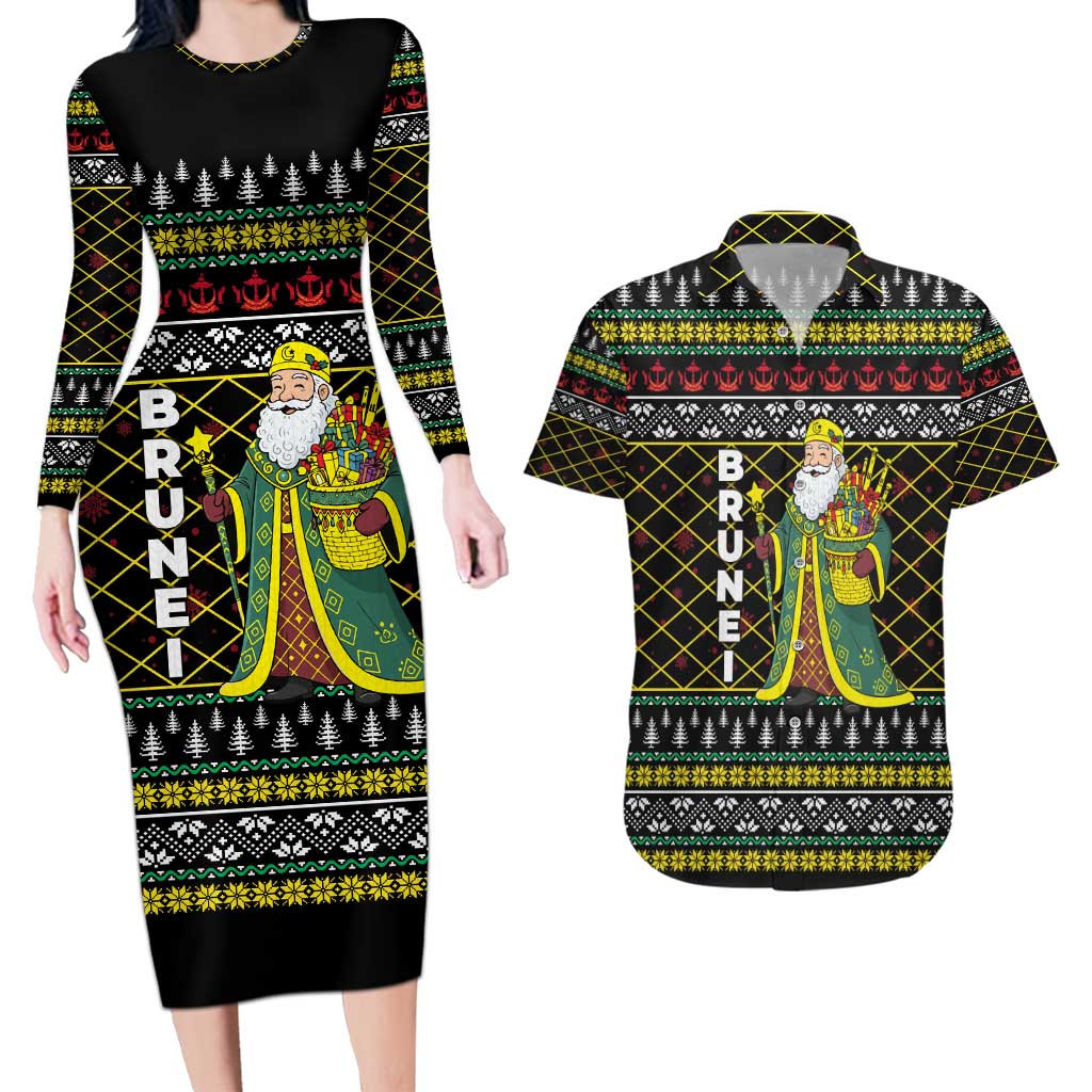 Brunei Christmas Couples Matching Long Sleeve Bodycon Dress and Hawaiian Shirt with Traditional Santa Gift Basket and Black Yellow Red Holiday Pattern - Wonder Print Shop