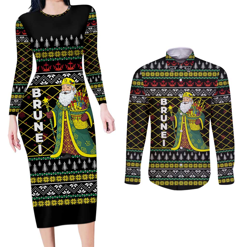Brunei Christmas Couples Matching Long Sleeve Bodycon Dress and Long Sleeve Button Shirt with Traditional Santa Gift Basket and Black Yellow Red Holiday Pattern - Wonder Print Shop