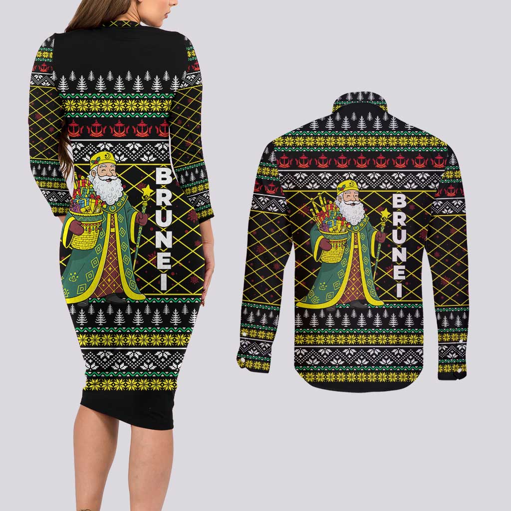 Brunei Christmas Couples Matching Long Sleeve Bodycon Dress and Long Sleeve Button Shirt with Traditional Santa Gift Basket and Black Yellow Red Holiday Pattern - Wonder Print Shop