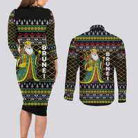 Brunei Christmas Couples Matching Long Sleeve Bodycon Dress and Long Sleeve Button Shirt with Traditional Santa Gift Basket and Black Yellow Red Holiday Pattern - Wonder Print Shop