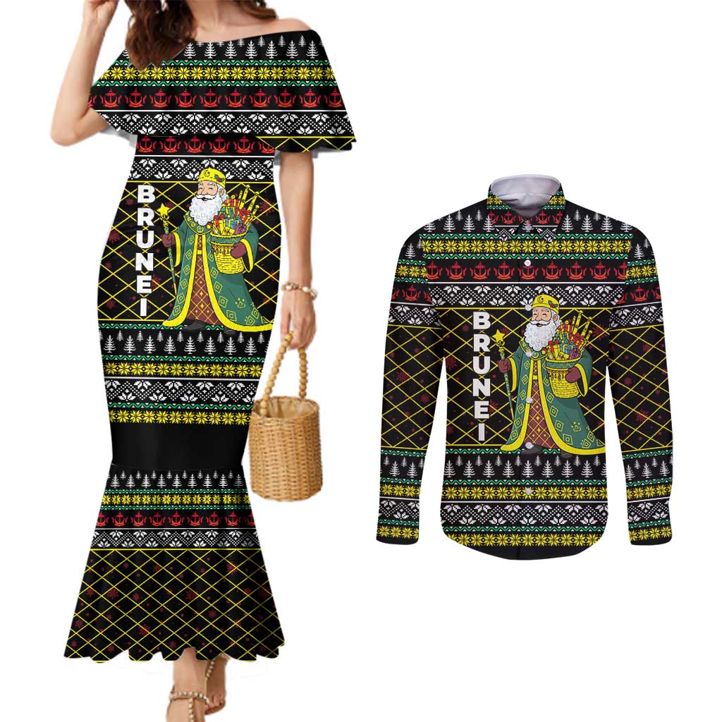 Brunei Christmas Couples Matching Mermaid Dress and Long Sleeve Button Shirt with Traditional Santa Gift Basket and Black Yellow Red Holiday Pattern - Wonder Print Shop