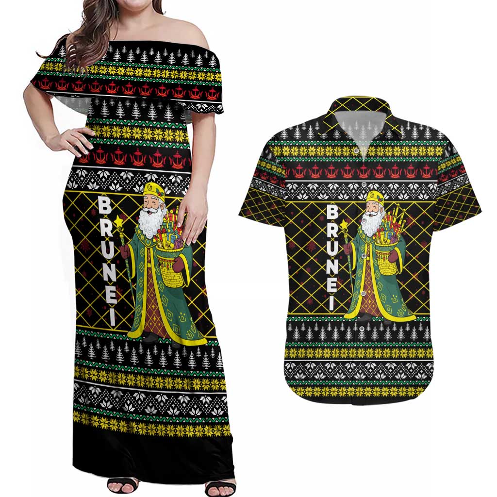 Brunei Christmas Couples Matching Off Shoulder Maxi Dress and Hawaiian Shirt with Traditional Santa Gift Basket and Black Yellow Red Holiday Pattern - Wonder Print Shop