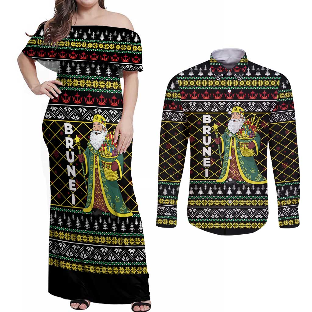 Brunei Christmas Couples Matching Off Shoulder Maxi Dress and Long Sleeve Button Shirt with Traditional Santa Gift Basket and Black Yellow Red Holiday Pattern - Wonder Print Shop